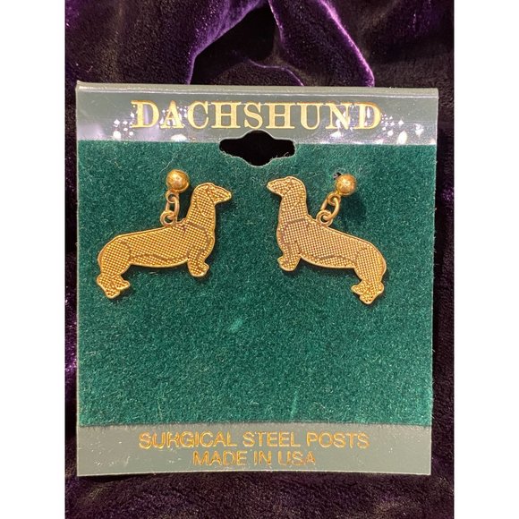 Dachshund Weiner Dog Dangle Earrings Surgical Steel Posts USA Gold Tone - Picture 1 of 6
